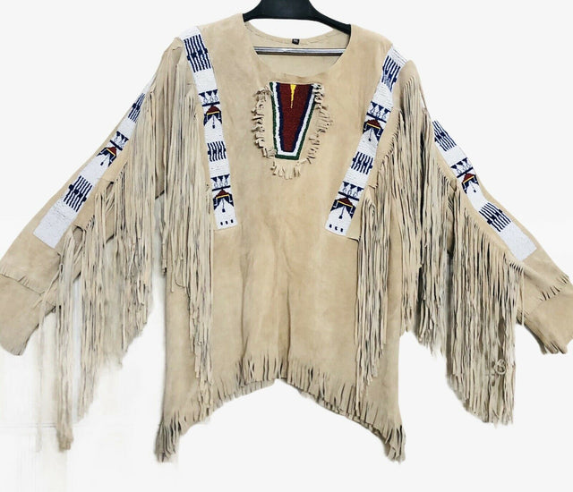 American Native Western Jacket Buckskin Suede Leather Fringe & Beads War Shirt