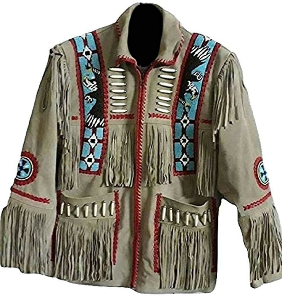 Men's Traditional Western cowboy Leather Jacket Coat With Fringes Bone and Beads