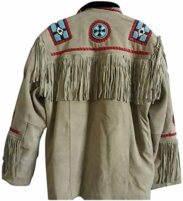 Men's Traditional Western cowboy Leather Jacket Coat With Fringes Bone and Beads