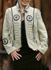 Women Vintage Beige Suede Leather Jacket Ladies Native Fringe Western Wear Coat