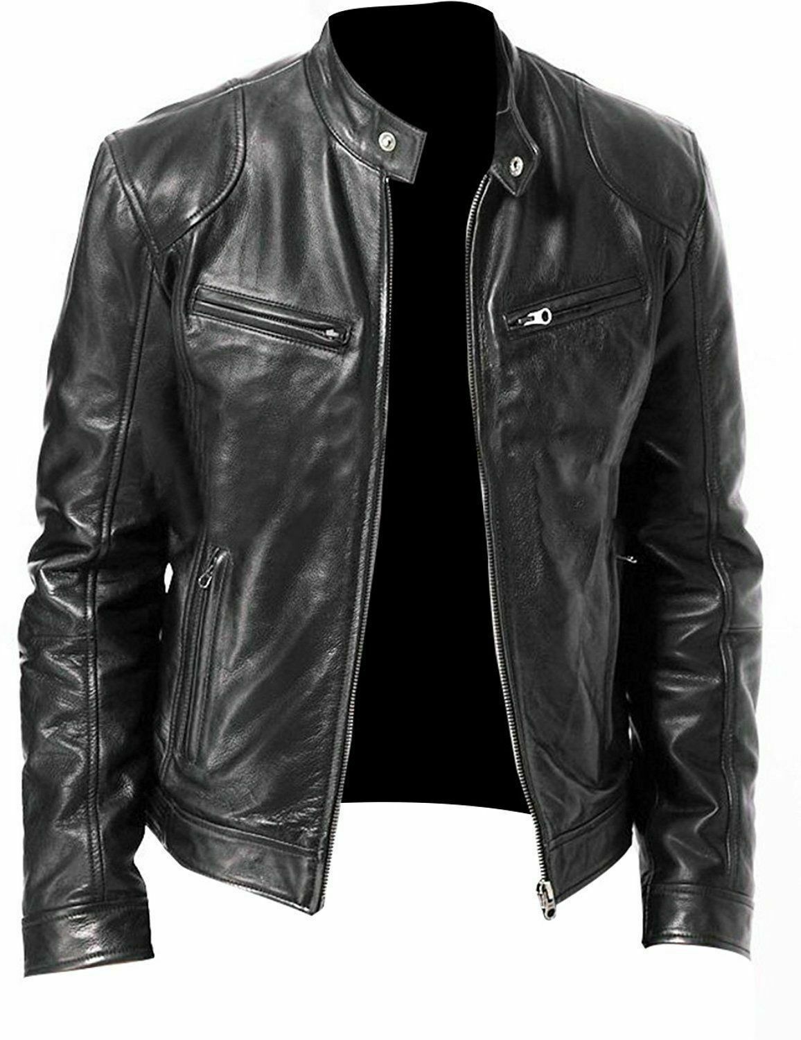 Mens Vintage Biker Cafe Racer Retro Black Motorcycle Slim Fit Genuine Cowhide Leather