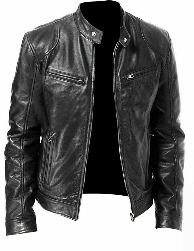 Mens Vintage Biker Cafe Racer Retro Black Motorcycle Slim Fit Genuine Cowhide Leather