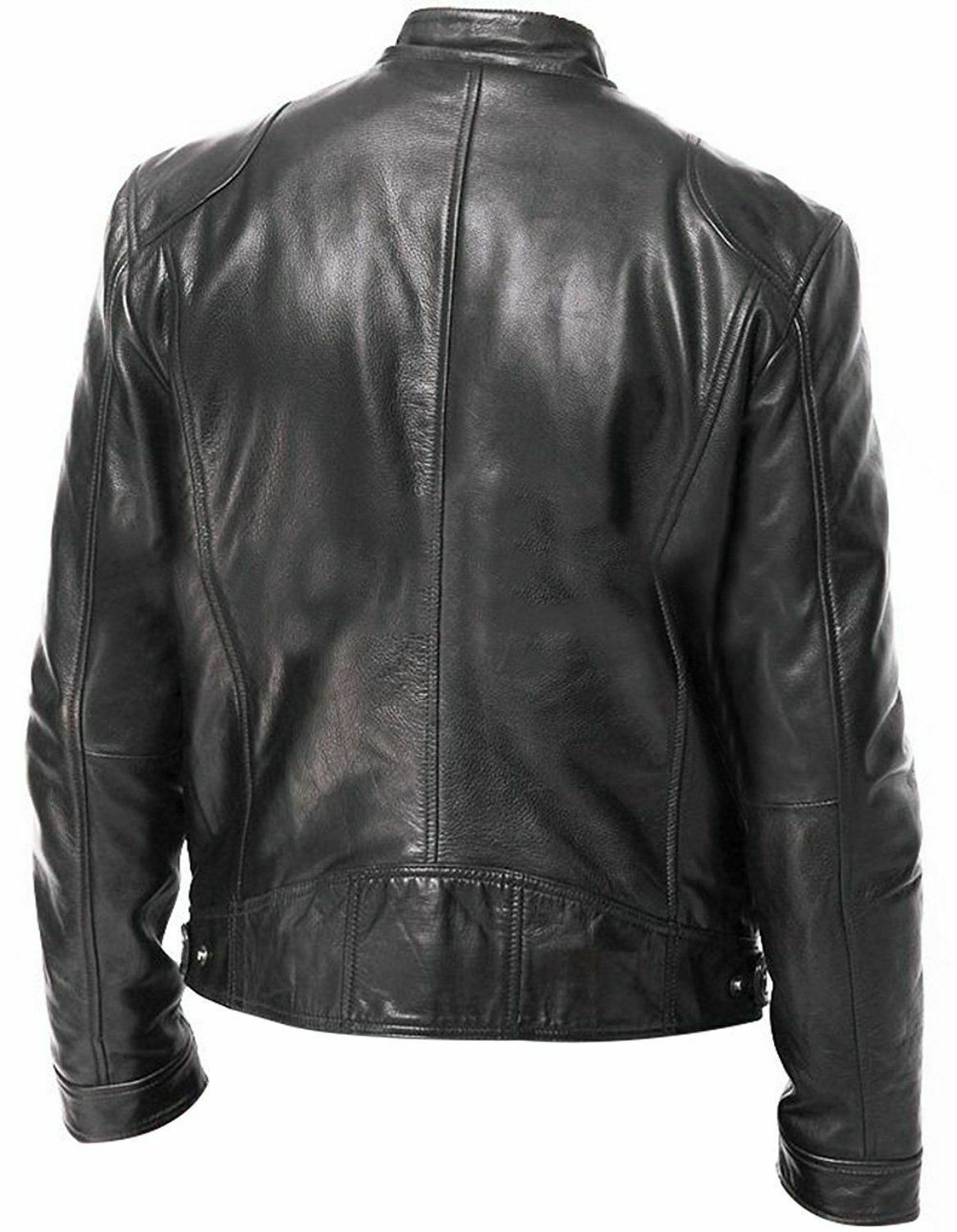 Mens Vintage Biker Cafe Racer Retro Black Motorcycle Slim Fit Genuine Cowhide Leather