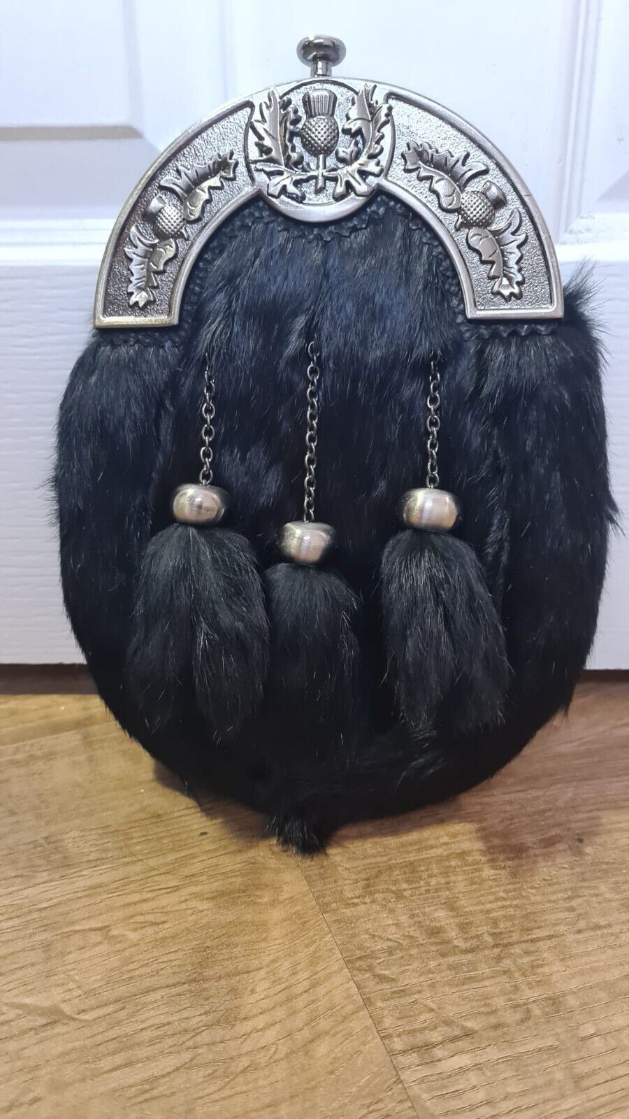 Black Rabbit Fur Full Dress Sporran Thistle Cantle, Antique Finish Fur Sporran 3 T