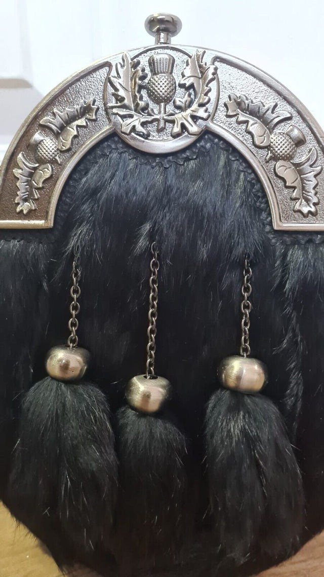 Black Rabbit Fur Full Dress Sporran Thistle Cantle, Antique Finish Fur Sporran 3 T