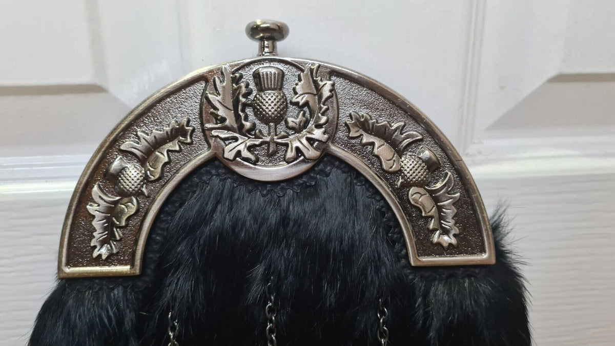 Black Rabbit Fur Full Dress Sporran Thistle Cantle, Antique Finish Fur Sporran 3 T