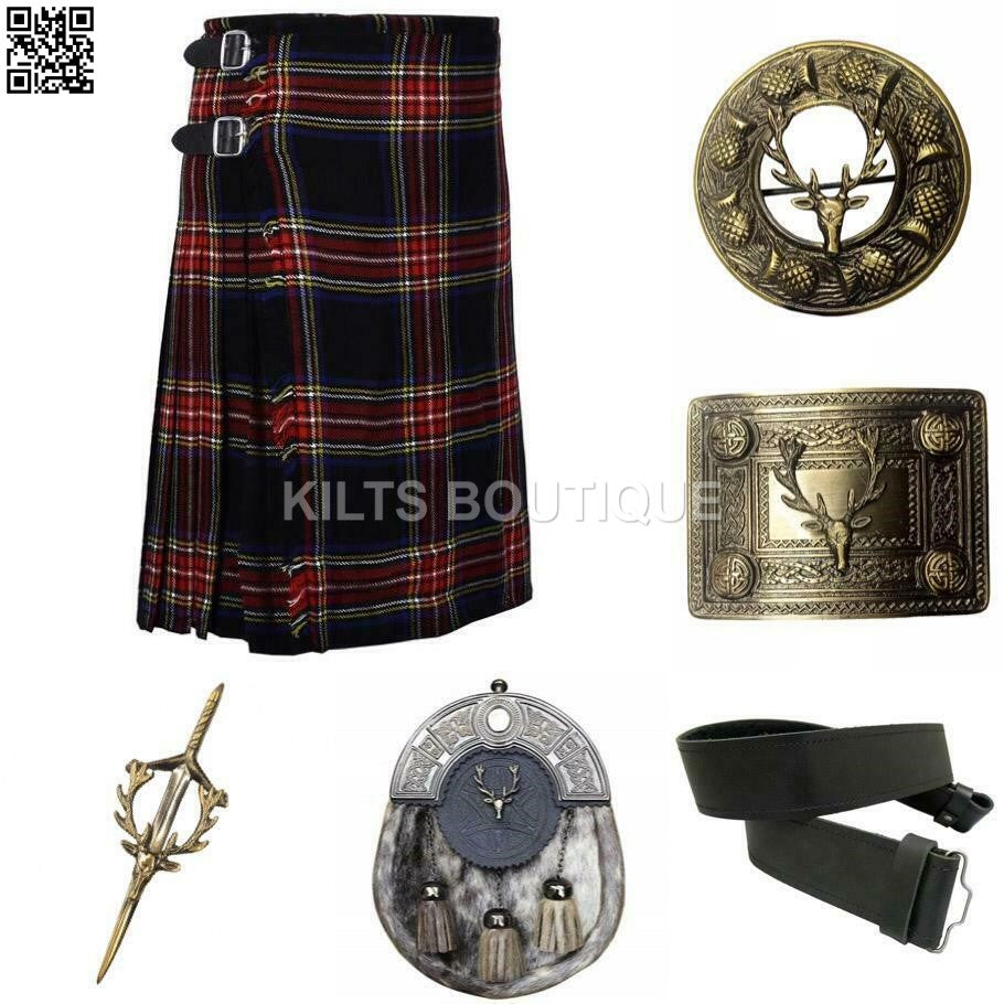 Scottish Men Tartan Kilt Set With Antique Sporran Buckle Pin Kilt Belt