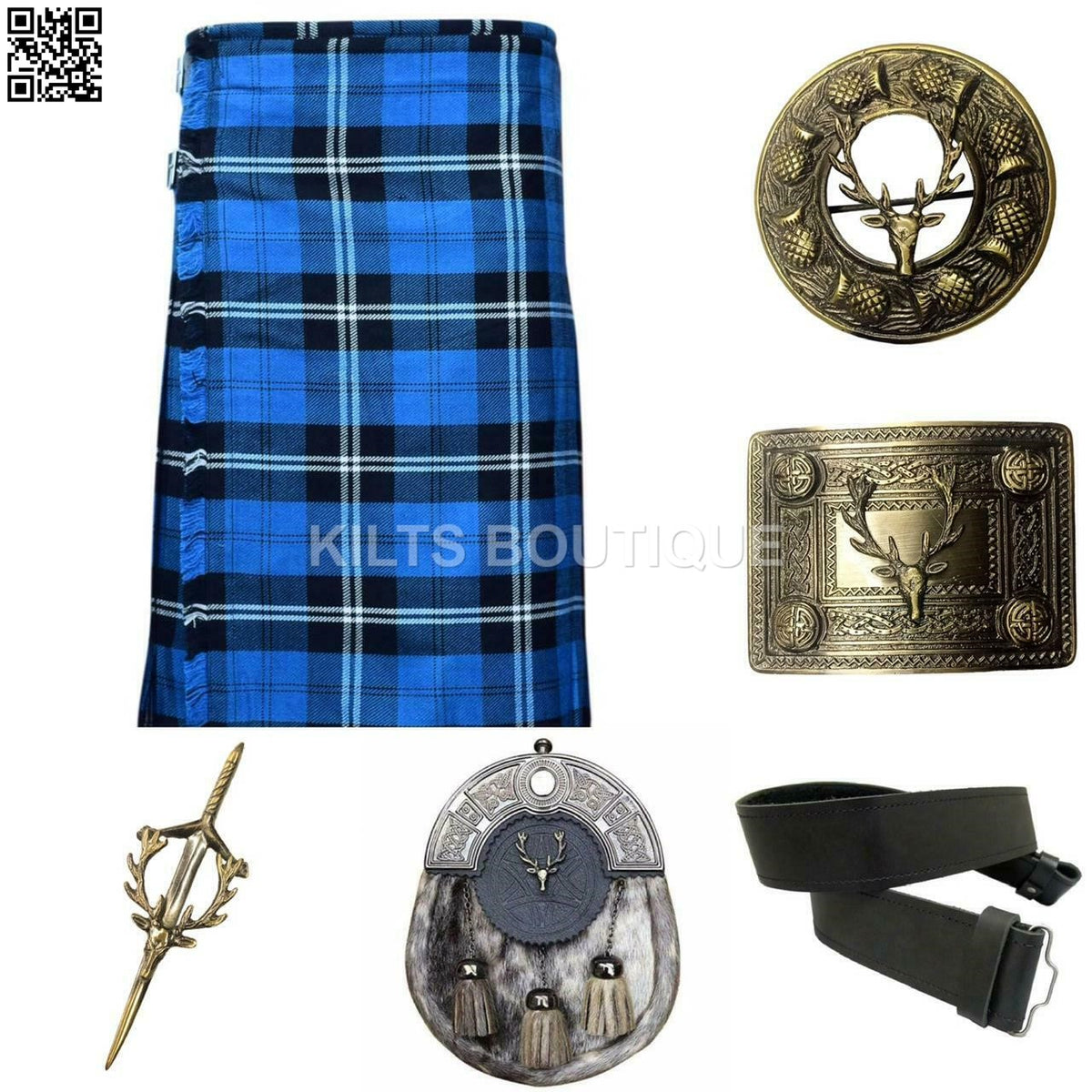 Scottish Men Tartan Kilt Set With Antique Sporran Buckle Pin Kilt Belt