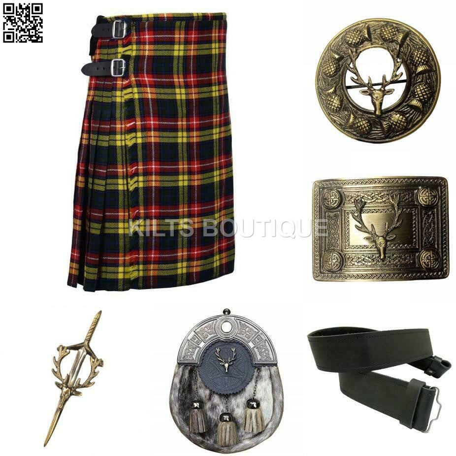 Scottish Men Tartan Kilt Set With Antique Sporran Buckle Pin Kilt Belt