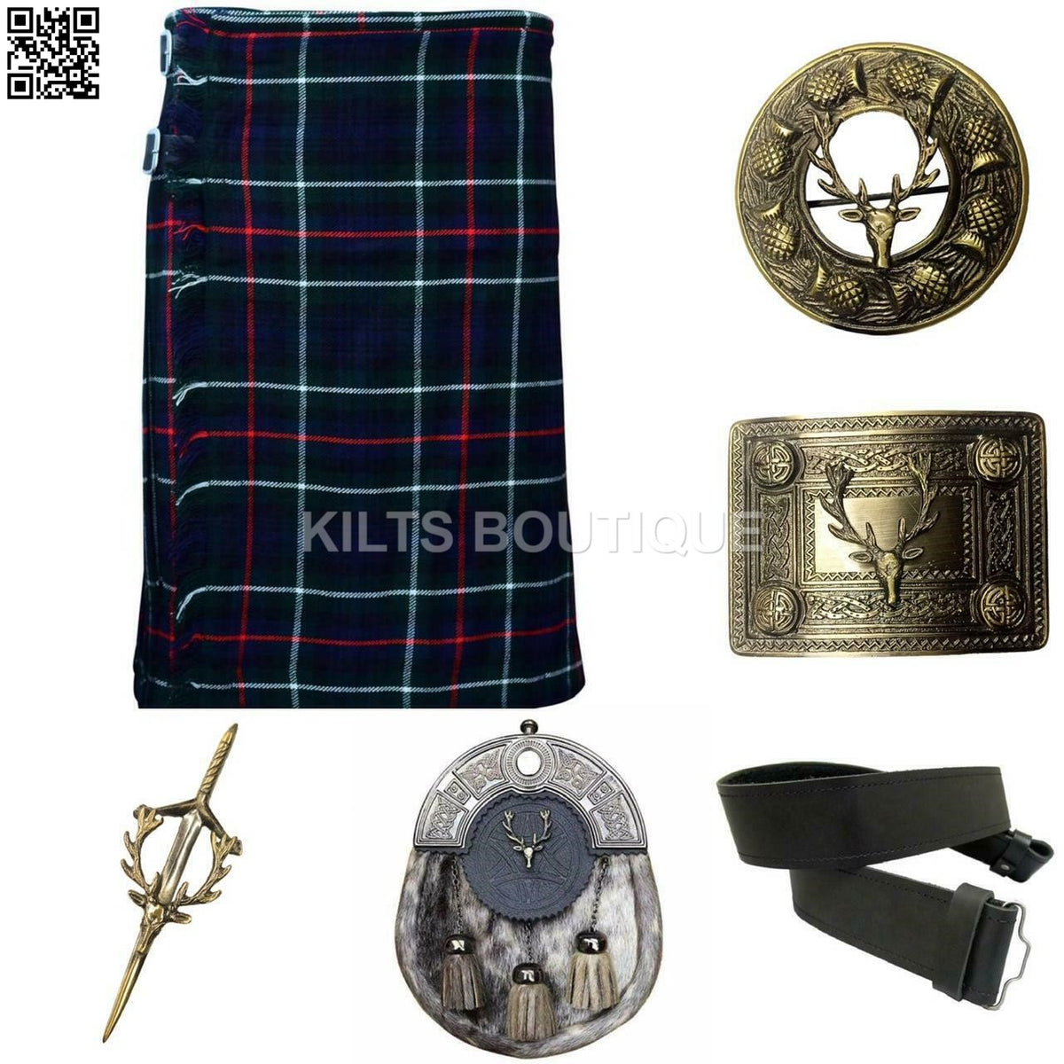 Scottish Men Tartan Kilt Set With Antique Sporran Buckle Pin Kilt Belt