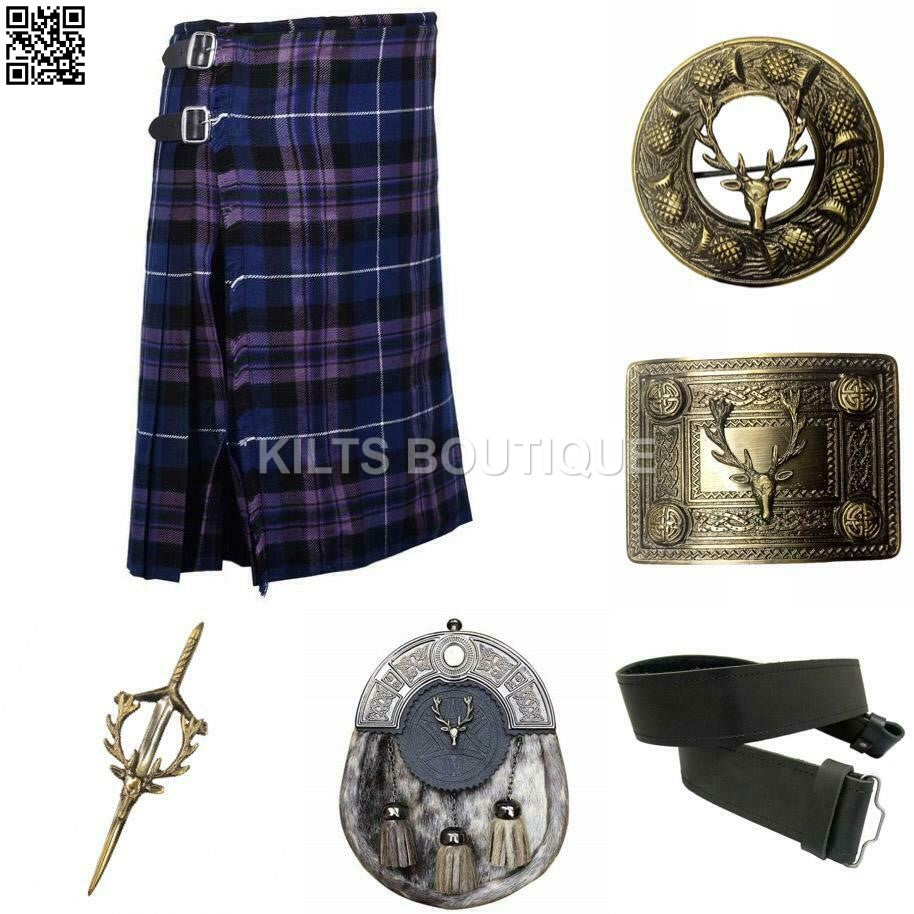 Scottish Men Tartan Kilt Set With Antique Sporran Buckle Pin Kilt Belt