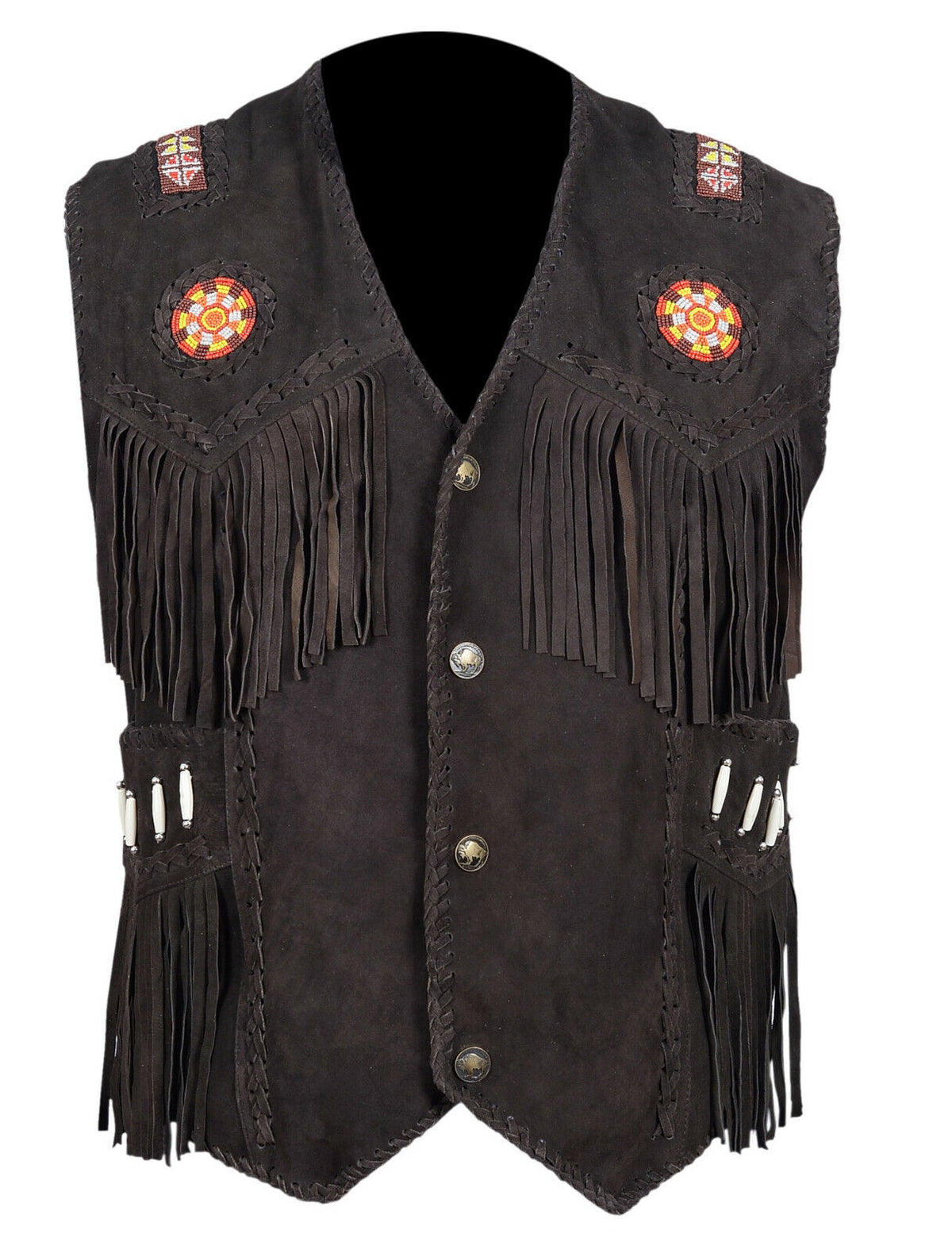 Men Western Wear Suede Leather beaded Vest Fringe bones