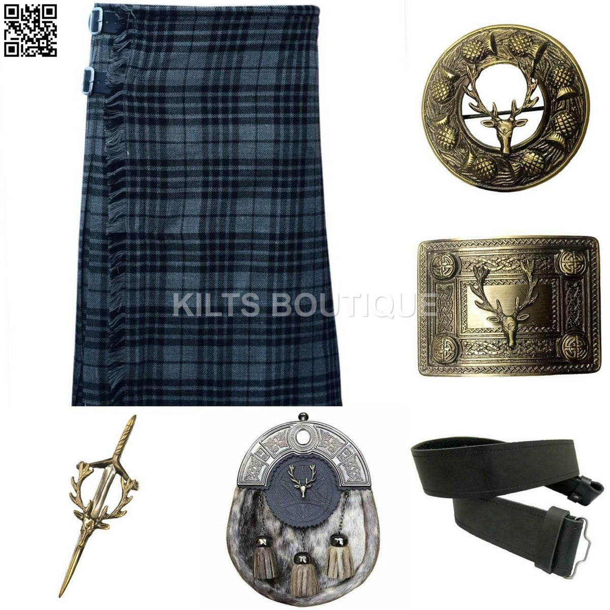 Scottish Men Tartan Kilt Set With Antique Sporran Buckle Pin Kilt Belt