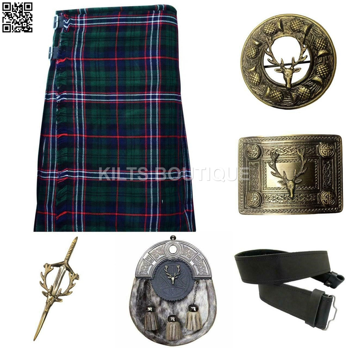 Scottish Men Tartan Kilt Set With Antique Sporran Buckle Pin Kilt Belt