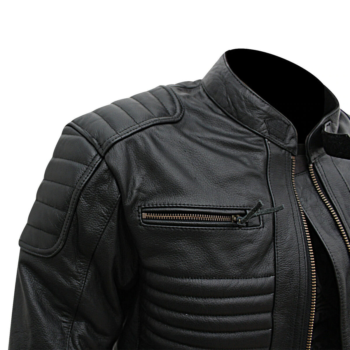 Angled view: “Leather biker jacket for men – angled view”