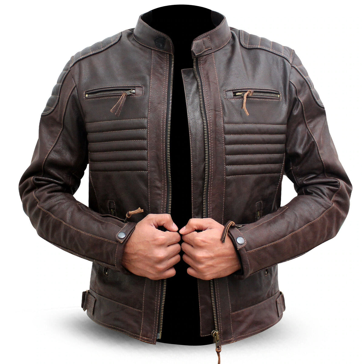 A man wearing a brown genuine leather motorcycle jacket with CE armour, featuring multiple zippers and pockets, and appears to be quilted.