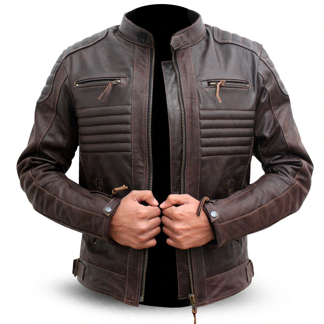 A man wearing a brown genuine leather motorcycle jacket with CE armour, featuring multiple zippers and pockets, and appears to be quilted.