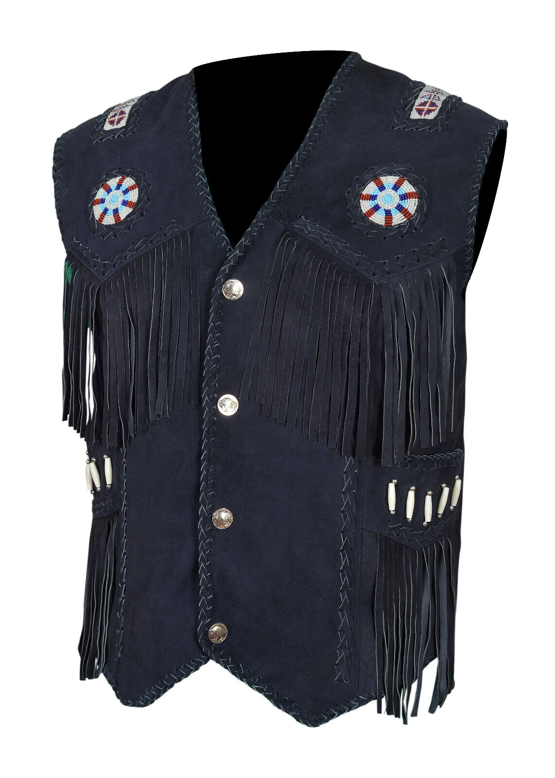 Men Western Wear Suede Leather beaded Vest Fringe bones