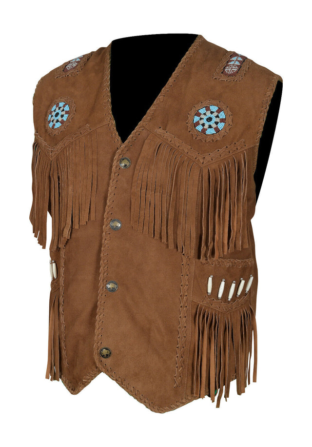 Men Western Wear Suede Leather beaded Vest Fringe bones
