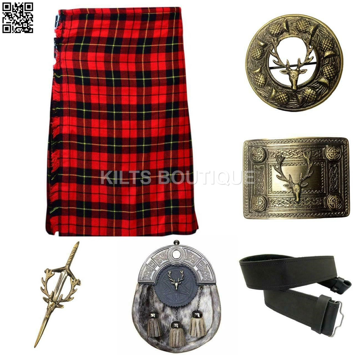 Scottish Men Tartan Kilt Set With Antique Sporran Buckle Pin Kilt Belt