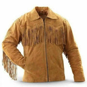 Mens Leather Western Jacket With Fringe Cowboy Style Suede Leather Jacket Brown