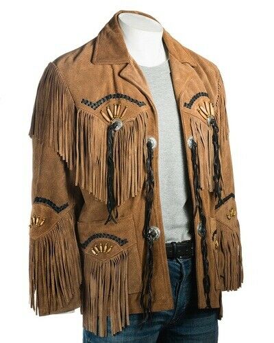 Men Suede Western Cowboy Leather Jacket With Fringes - Native American Style