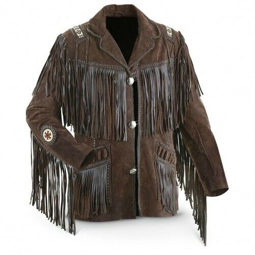 Men's Western coat cowboy suede leather jacket with Fringes Black