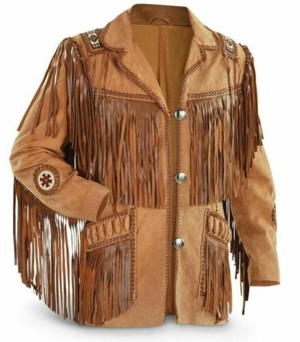 Men's Western coat cowboy suede leather jacket with Fringes Black