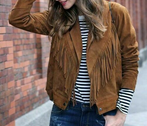 Women Western Wear Suede Leather Brown Fringe Native American Jacket, Coat