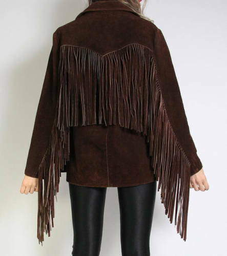 Womens Vintage Brown Suede Leather Jacket Ladies Native Fringe Western Wear Coat