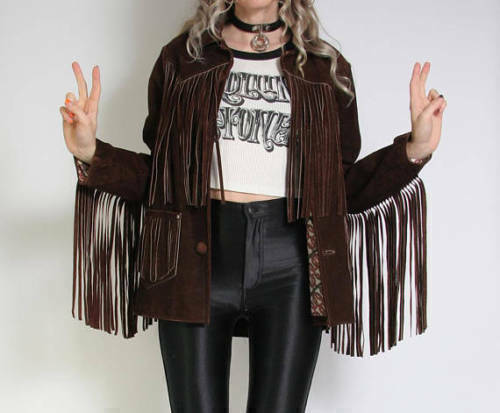 Womens Vintage Brown Suede Leather Jacket Ladies Native Fringe Western Wear Coat