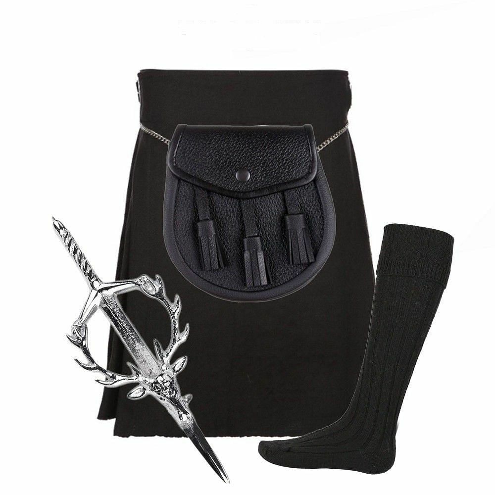 Scottish Black 5 Yard Highland Tartan Kilt set sporran pin hose - #Kilts Boutique#