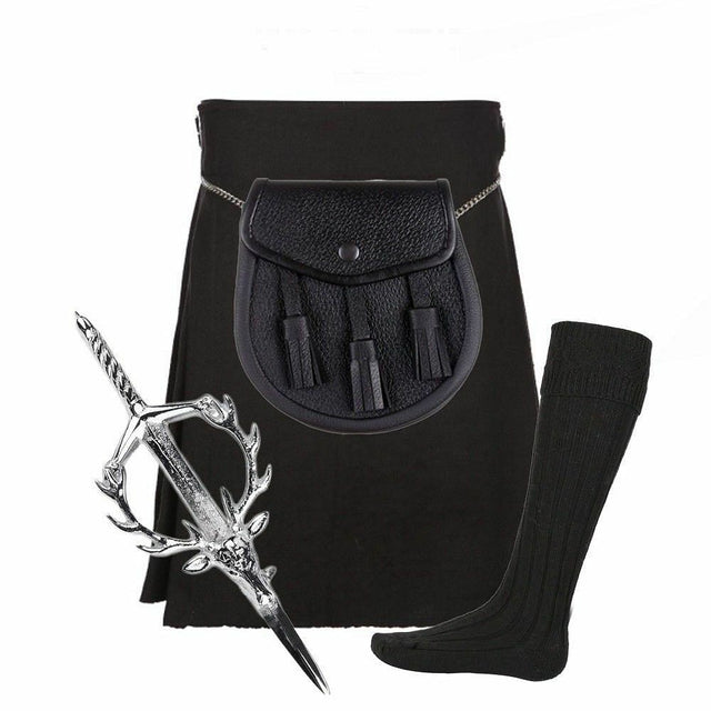 Scottish Black 5 Yard Highland Tartan Kilt set sporran pin hose - #Kilts Boutique#