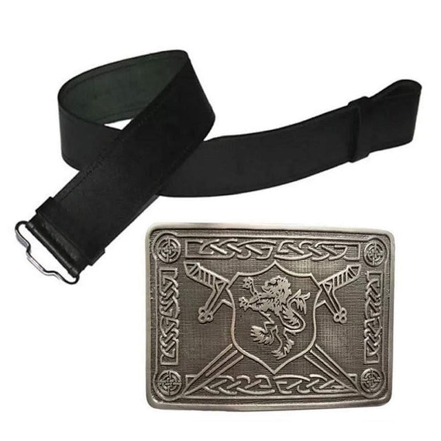 Scottish Highland Black Leather Plain Kilt Belt With Antique Rampant Lion Buckle - #Kilts Boutique#