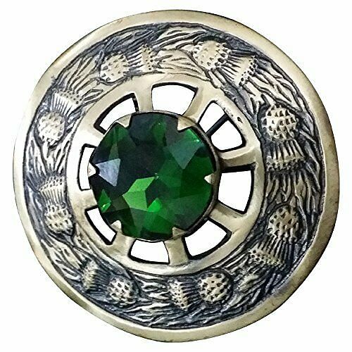 Scottish Kilt Fly Plaid Brooch Green Stone Antique 3" Thistle Design Piper Plaid - #Kilts Boutique#