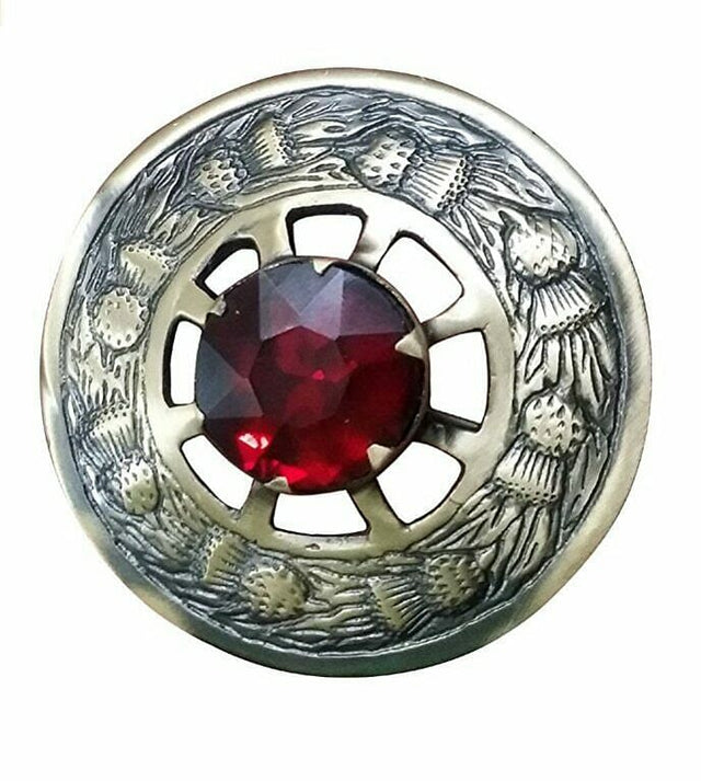 Scottish Kilt Fly Plaid Brooch Red Stone Antique 3" Thistle Design Piper Plaid - #Kilts Boutique#