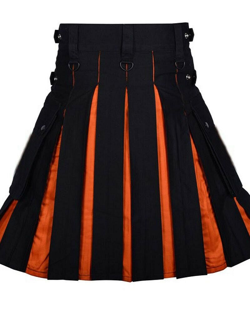 Scottish Men 100% Cotton Fashion Black & Orange Hybrid Kilt Men - #Kilts Boutique#