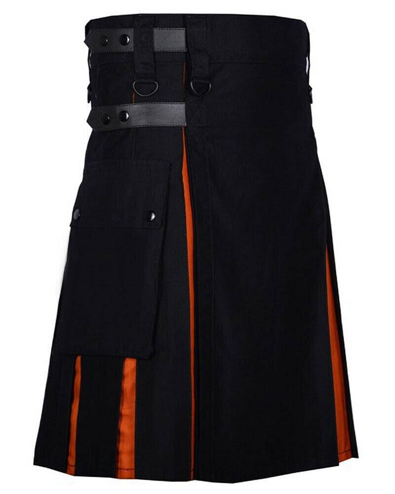 Scottish Men 100% Cotton Fashion Black & Orange Hybrid Kilt Men - #Kilts Boutique#