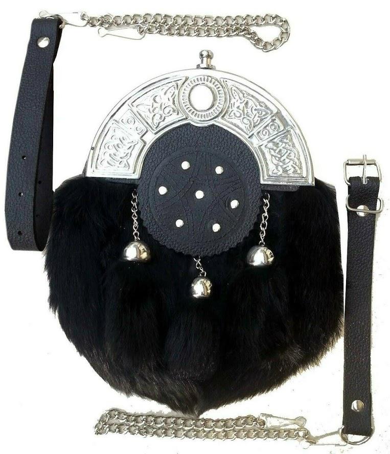 Scottish Men Kilt Sporrans Black Rabbit Fur Celtic Cantle Masonic Badge - #Kilts Boutique#