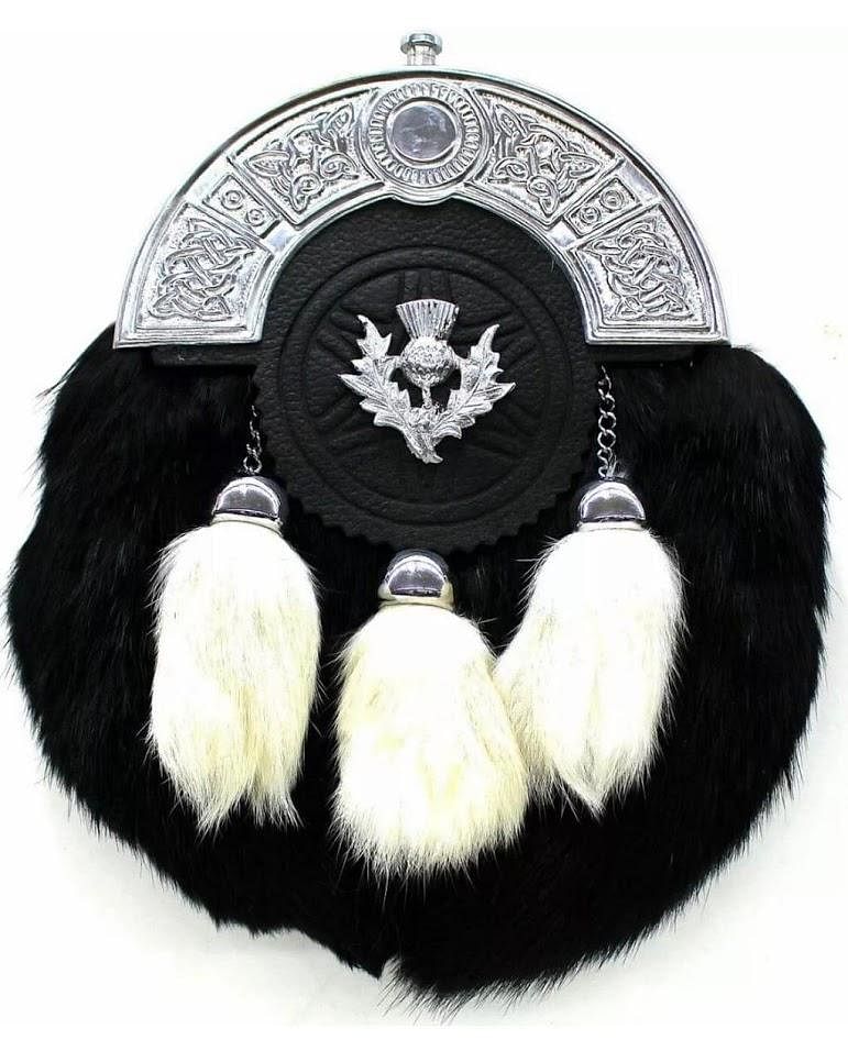 Scottish Men Kilt Sporrans Rabbit Fur White Tassels Thistle Badge - #Kilts Boutique#