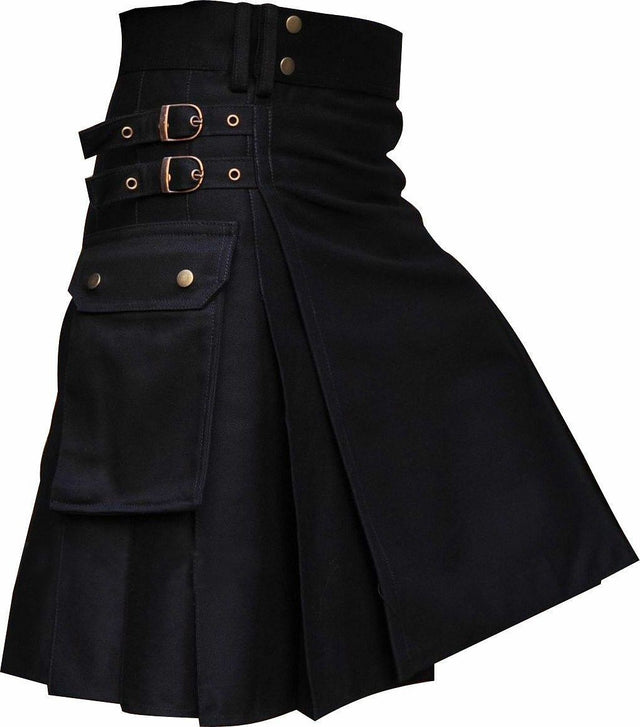 Boys Kids Black Cotton Utility Pleated Kilt