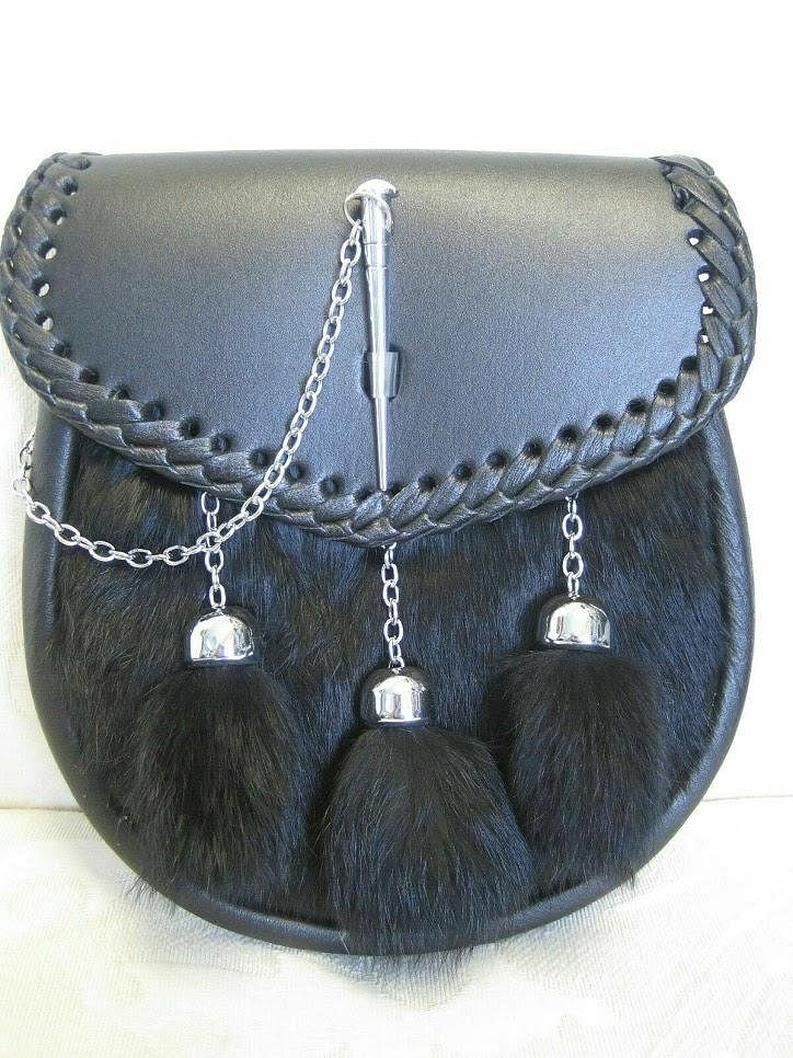 Scottish Men's Kilt Black Rabbit fur Pin-Lock Semi-Dress Sporran Pin Closure - #Kilts Boutique#