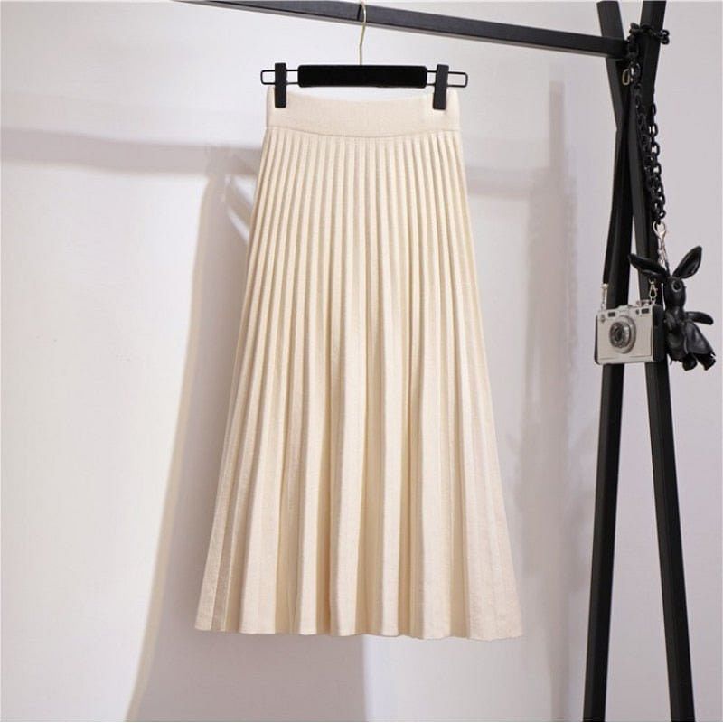 Spring Winter Women Knitted Pleated Skirt Fashion Midi Skirt Solid Color Loose High Waist Skirts Casual Female Women's Bottoms - #Kilts Boutique#