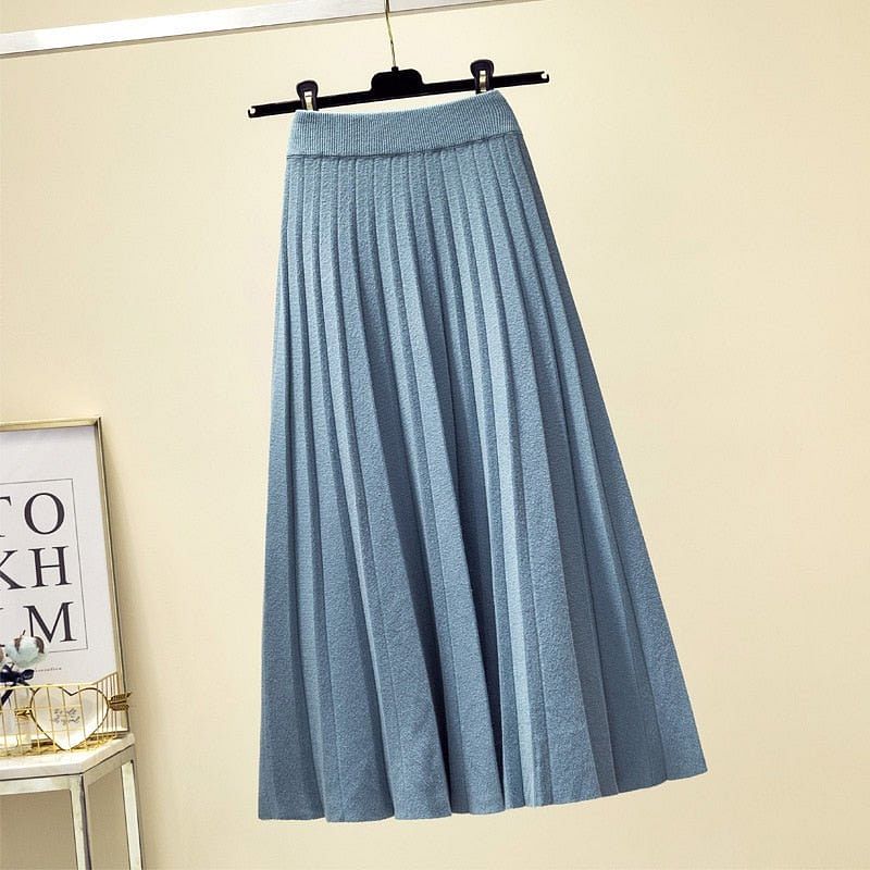 Spring Winter Women Knitted Pleated Skirt Fashion Midi Skirt Solid Color Loose High Waist Skirts Casual Female Women's Bottoms - #Kilts Boutique#