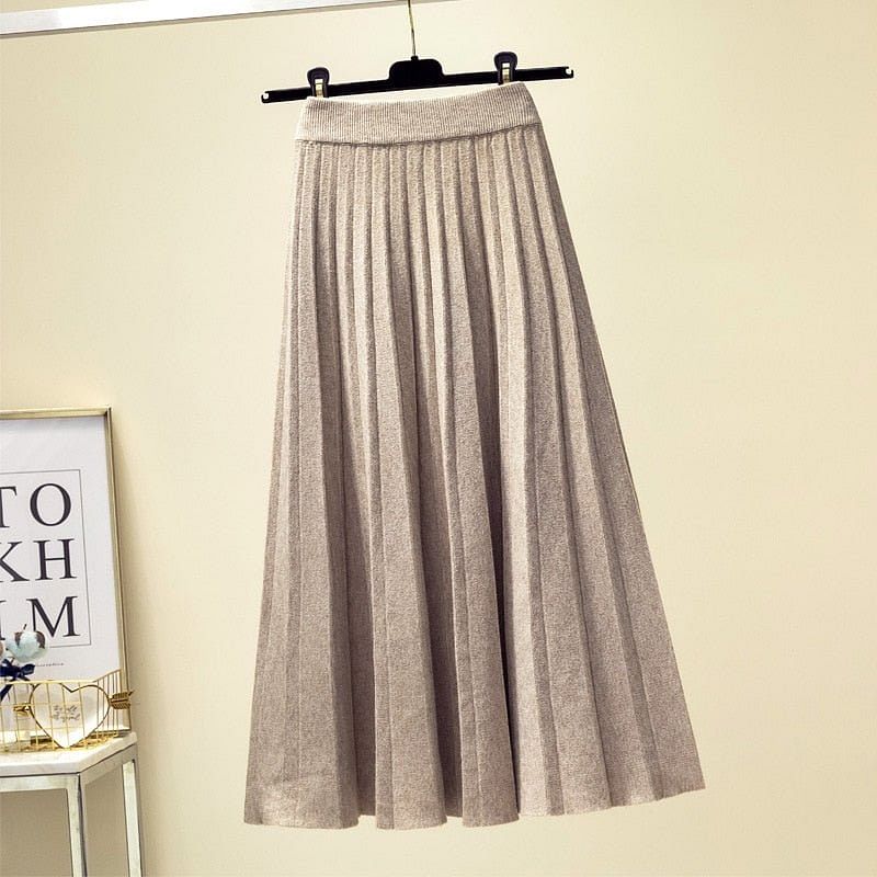 Spring Winter Women Knitted Pleated Skirt Fashion Midi Skirt Solid Color Loose High Waist Skirts Casual Female Women s Bottoms Apricot