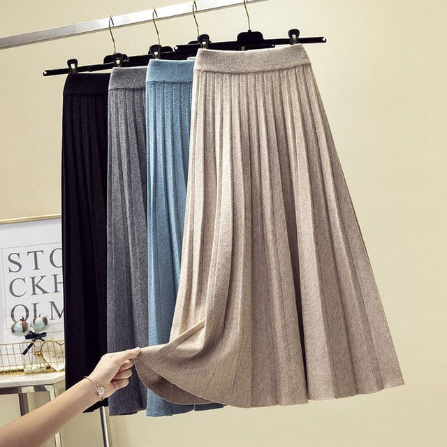 Spring Winter Women Knitted Pleated Skirt Fashion Midi Skirt Solid Color Loose High Waist Skirts Casual Female Women's Bottoms - #Kilts Boutique#