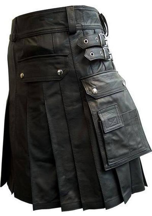 Stylish Black Leather Kilt Twin Cargo Pockets Cowhide Leather - #Kilts Boutique#