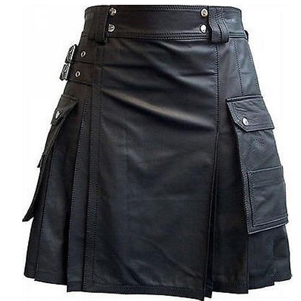 Stylish Black Leather Kilt Twin Cargo Pockets Cowhide Leather - #Kilts Boutique#