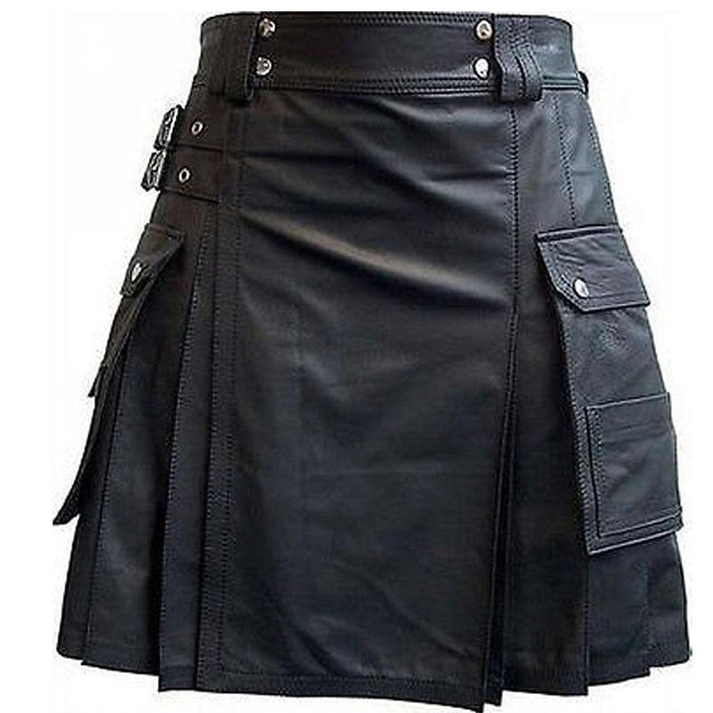 Stylish Black Leather Kilt Twin Cargo Pockets Cowhide Leather - #Kilts Boutique#