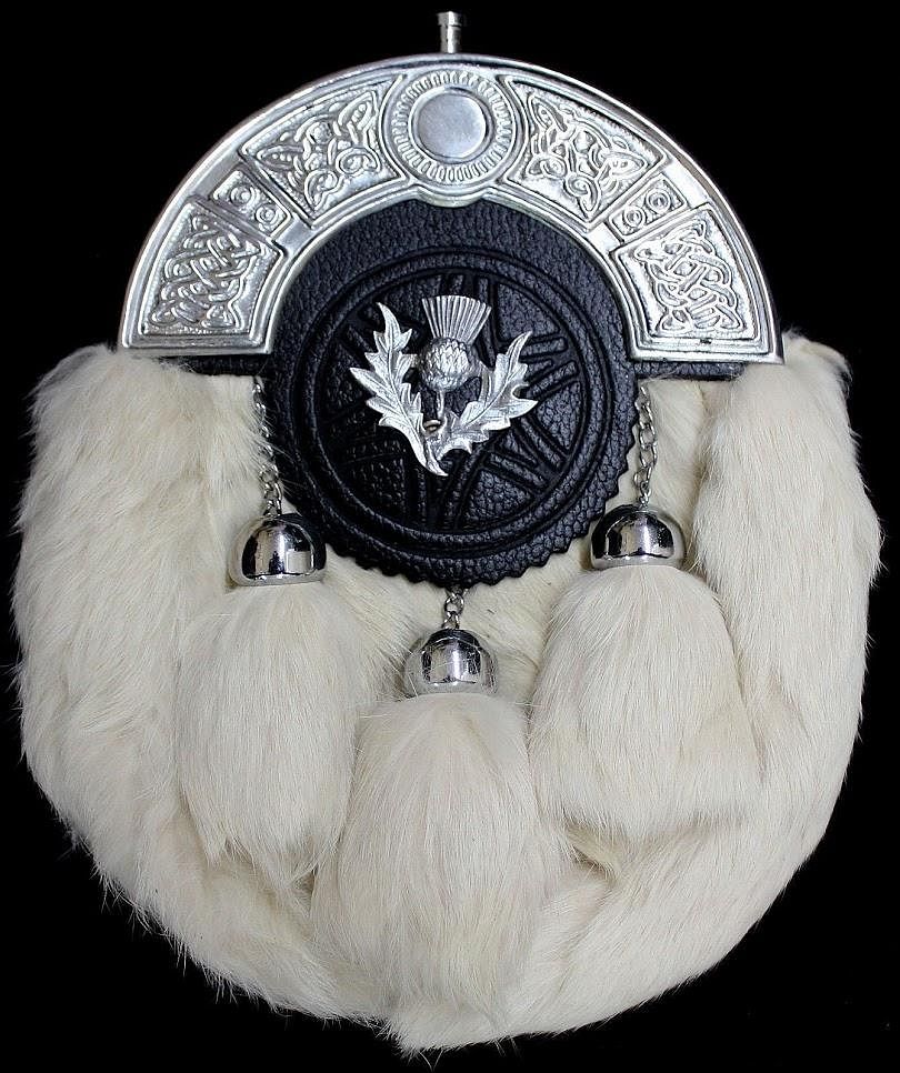 White Full Dress Sporran Scottish Men Kilt Sporrans Rabbit Fur Thistle Badge - #Kilts Boutique#